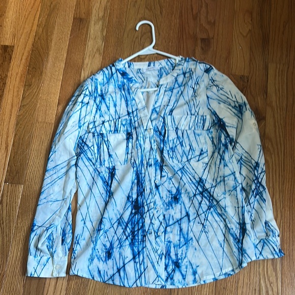Calvin Klein Blue and White Long Sleeve Graphic Blouse Size Large - Picture 2 of 11